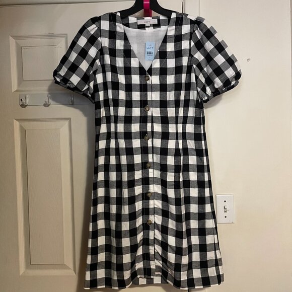 NWT LOFT Gingham Button V-Neck Dress Puff Short Sleeve Black White Size 2 Petite - Picture 4 of 8
